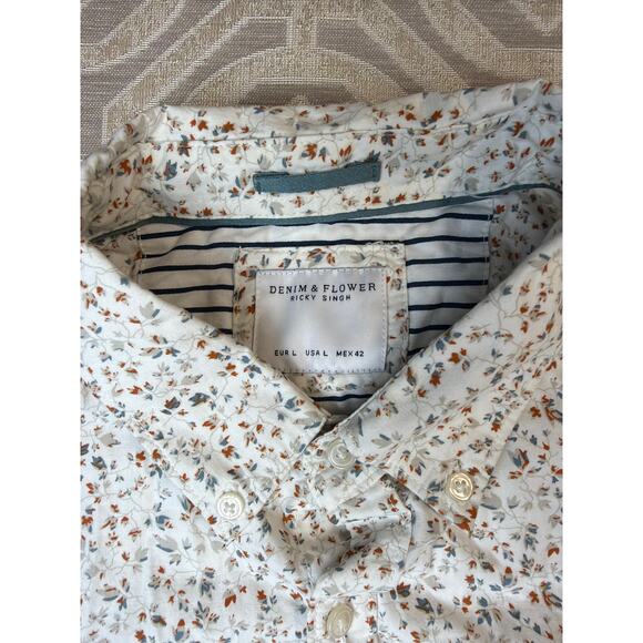 Denim & Flower Redefined Men’s Button Up Shirt Size L White Floral Short Sleeve - Picture 6 of 7